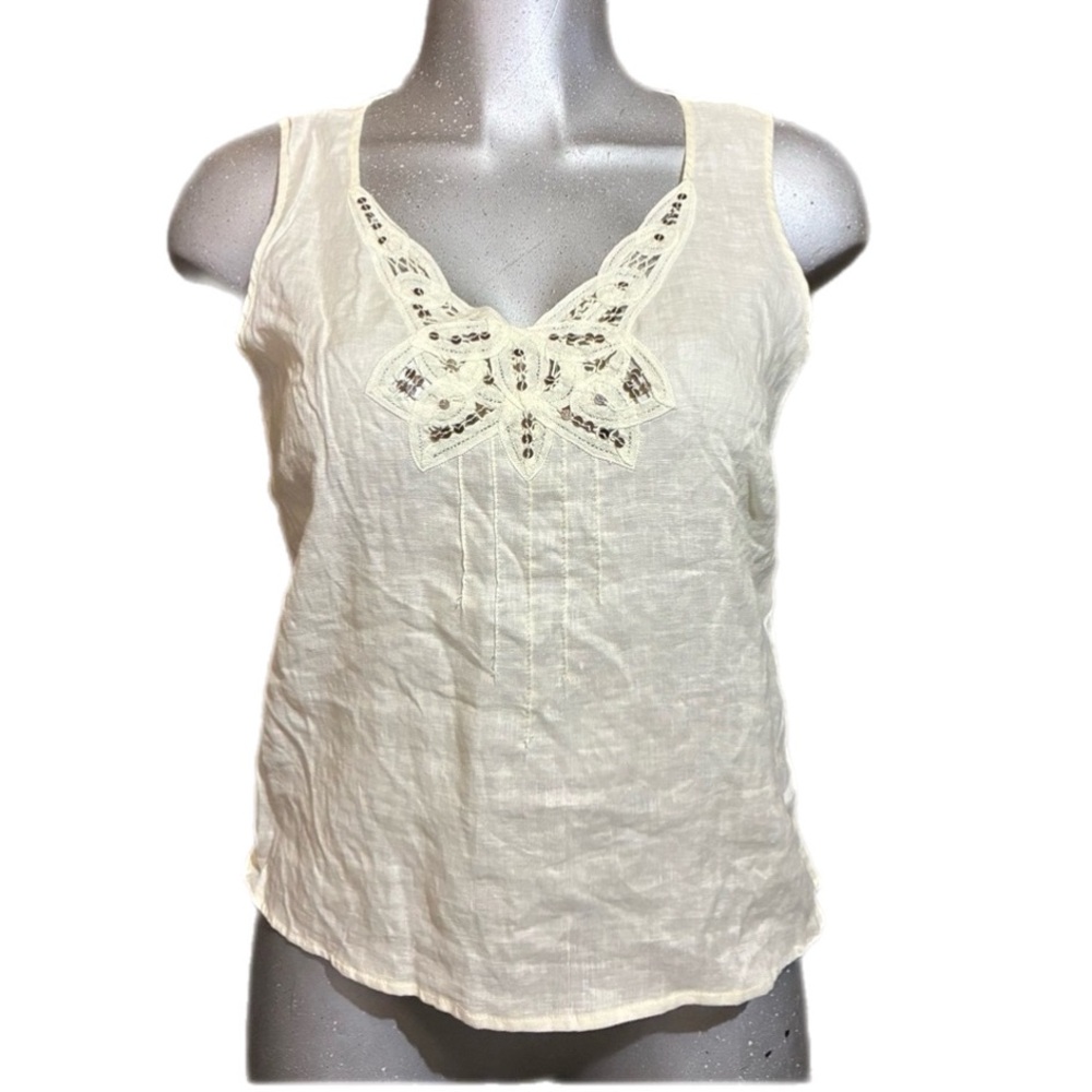 Rafaella 100% Linen Cami Tank Top Sequin V Neck Feminine Boho Coastal Sz Medium